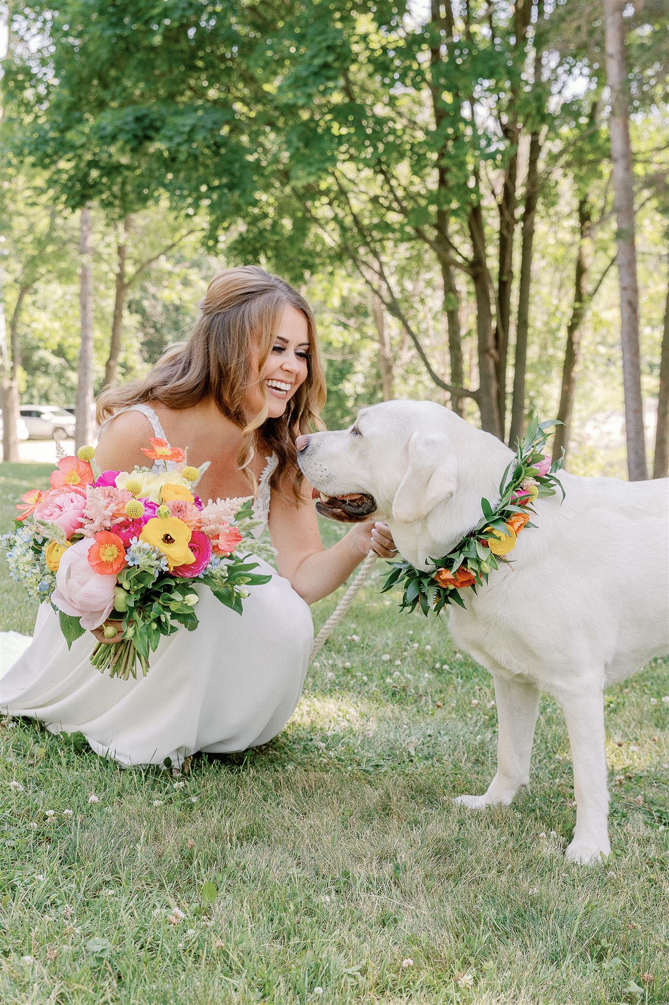 Liz, Trevor, And Their Dog, Marty At Their Colorful Lake Champlain Wedding In Late June.